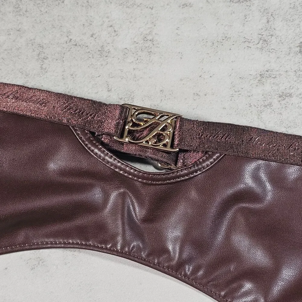 Honey Birdette Emily Deep Mahogany Faux Leather Suspender with Logo, Size L